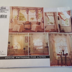 May include: A sewing pattern for curtains, featuring four different window treatments. The pattern is called "Vogue Patterns for Living" and is designed by Susanna Stratton Norris. The pattern number is 1596.