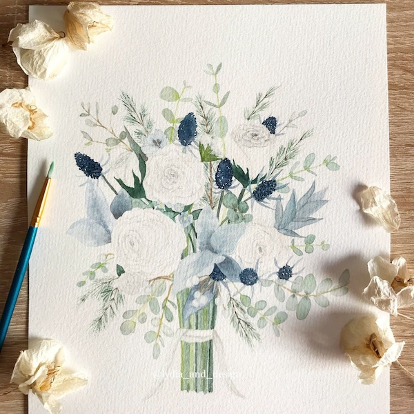 Commission de bouquet de mariage de style détaillé - Aquarelle personnalisée / Gouache Bouquet de mariée | Anniversaire, Peinture de fleurs de mariage