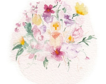 A5 Watercolor - Pink florals in Circle -  Fine Art Giclee Print
