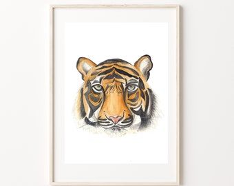 Sumarian Tiger Detail Rendered Watercolour Fine Art Giclee Print, A4 Watercolor Floral Painting