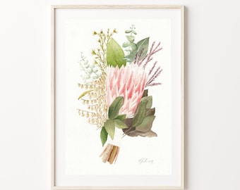 Original Painting Sale - Native Protea Bouquet in Red Detailed Rendered Watercolour Painting Illustration