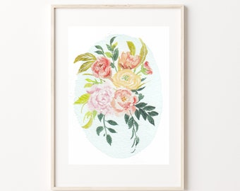 A5 Watercolor -  Blue Circle Floral - Fine Art Giclee Print