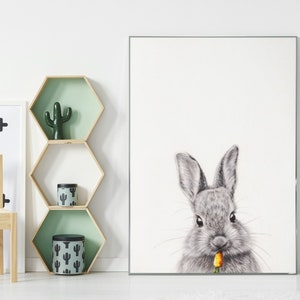 Bunny tekening Art Print. Konijn potlood illustratie. Konijn wortel aquarel tekening. Kwekerij kunst aan de muur. Moderne inrichting. Dierenprint.