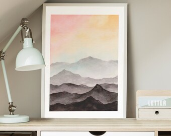 Abstract Landscape Watercolor Art Print. Dreamy Sky Black Mountains. Large Poster. Minimalist Art. Simplistic Style. Contemporary Wall Art.