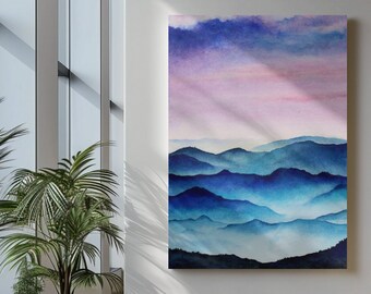 Mountains Watercolor Art Print. Archival Quality. Sky Blue  Mountains Poster. Office Room Decor. Contemporary  Landscape Wall Art.