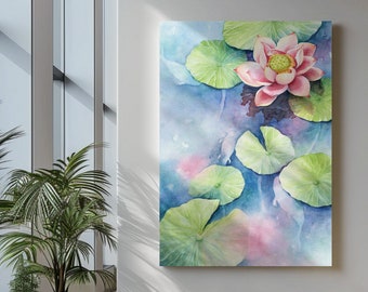 Lotus Koi Pond Watercolor Art Print. Botanical Flower Illustration Painting. Chinese Japanese Good Fortune Feng Shui Gift Oriental Wall Art.