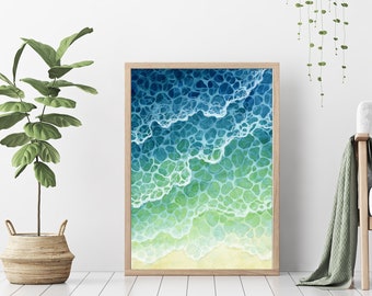 Limited Edition【Waves on Shore 】Aquarell Kunstdruck. Ozean Strand Malerei. Funkelnde Welle Wandkunst.