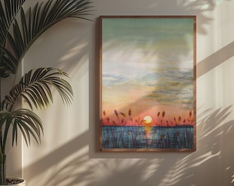 Evening Sunset Watercolor Print - Landscape Sunset Painting - Beautiful Sky Poster - Art Print - Ocean Sunset Scenery Wall Decor