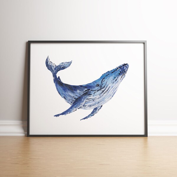 Whale Impasto Art Print. Illustration de la baleine bleue. Décoration intérieure d’animaux marins. Art mural du monde sous-marin. Peinture de pépinière. Cadeau Ocean Lover.