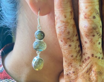 Natural Labradorite Gemstone Earrings, Handmade Dangle Earring, Silver Dangle and drop Earrings, Indian Silver handcrafted Jewelry