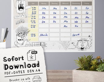 Children's timetable PDF with monsters – printable template