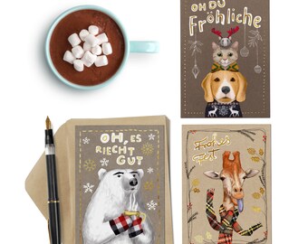 Christmas greeting card set with envelopes, three A6 folding cards, Christmas cards, greeting cards for Christmas, send joy