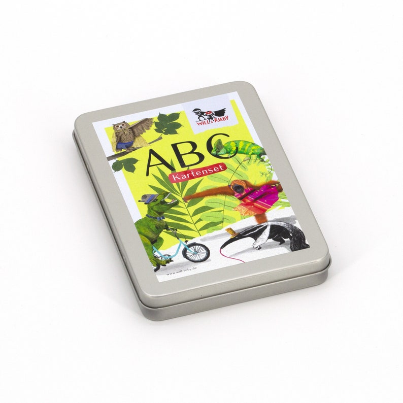 gift for schooling card game ABC card set with animals alphabet 26 postcards in chic metal box