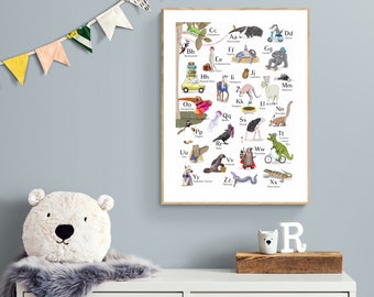 ABC poster with animals, gift for starting school, playful learning to read and write, poster, A2
