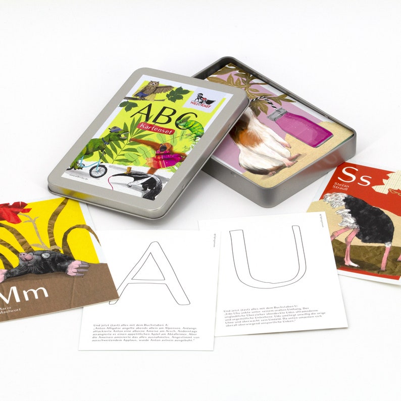 gift for schooling card game ABC card set with animals alphabet 26 postcards in chic metal box