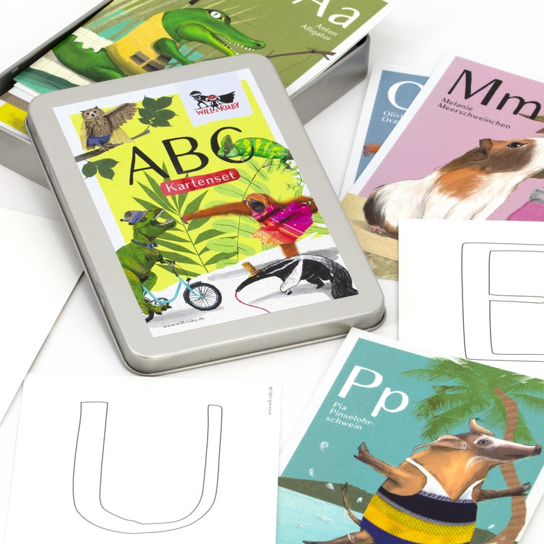 gift for schooling card game ABC card set with animals alphabet 26 postcards in chic metal box