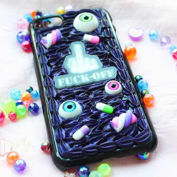 Yami Kawaii, Harajuku, Gothic, Creepy Cute, Grunge, Dark Purple F**K OFF Eyeball Marshmallow \u0026 Pills Whipped Cream Phone Case (iPhone 7/8)