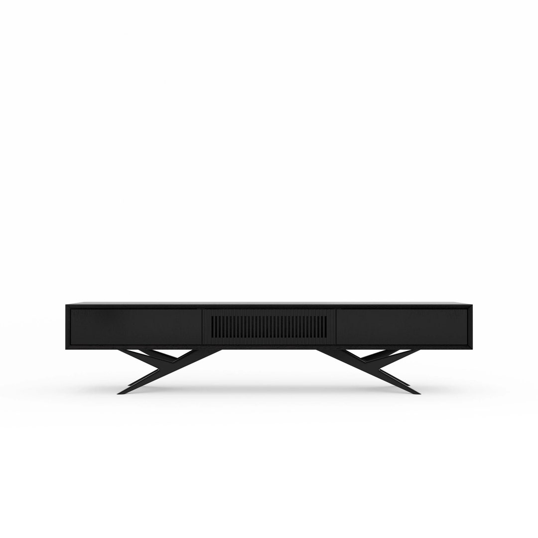 Black Oak Long TV Stand In The Style Of Mid century Modern Lowboard long-living-room-living-room-tv-stand-long-tv-stand-tv-stand-with