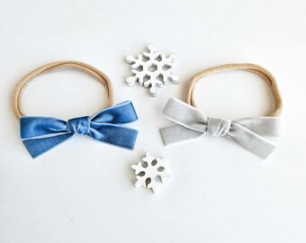 Winter Velvet Bows - Newborn Baby Bow Headband, Nylon Headband, Little Girl Bow, Hair Bow, Hand tied Bow