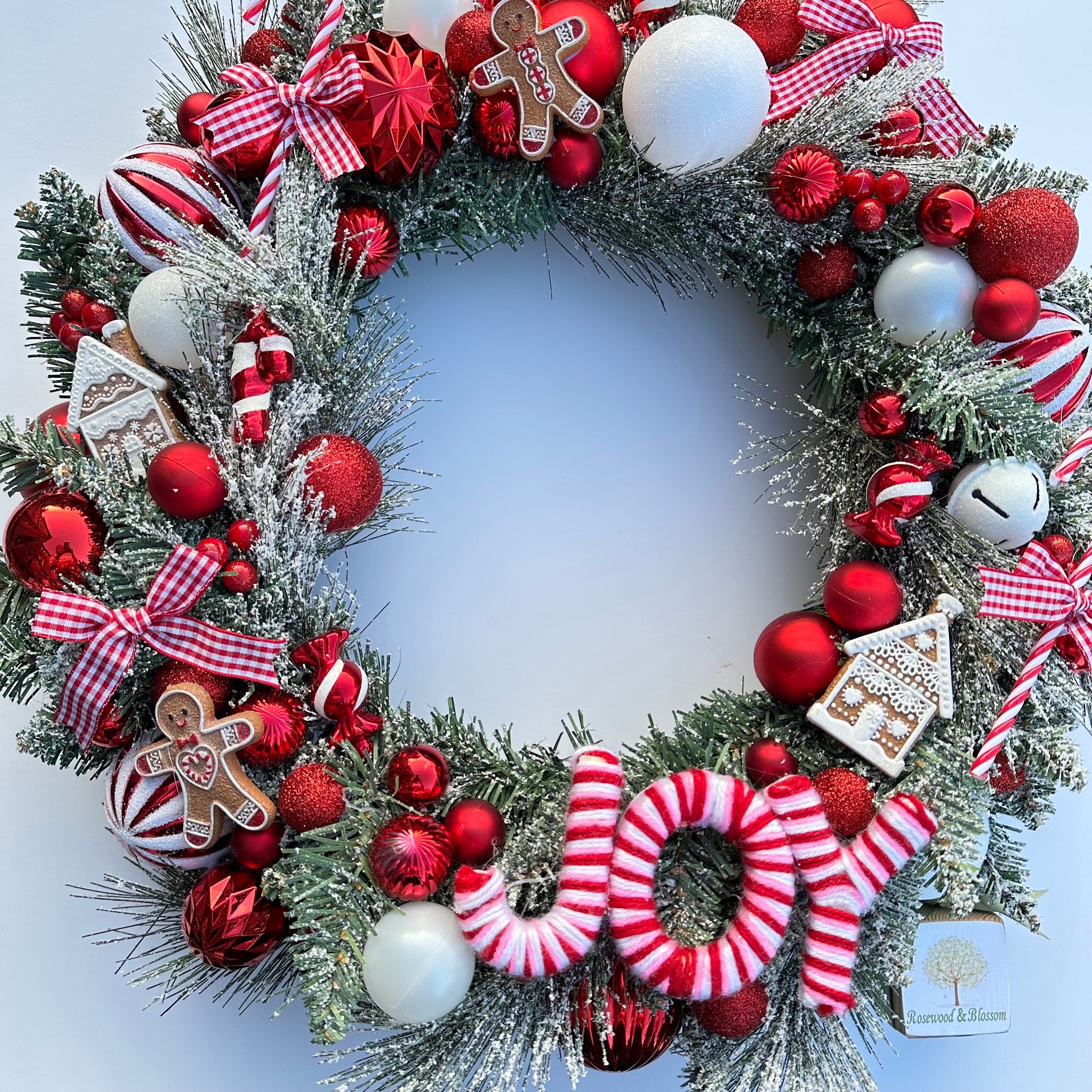 　Decorated Christmas Wreath Handmade Red and White Gingerbread and Joy Gisela Graham Inspired