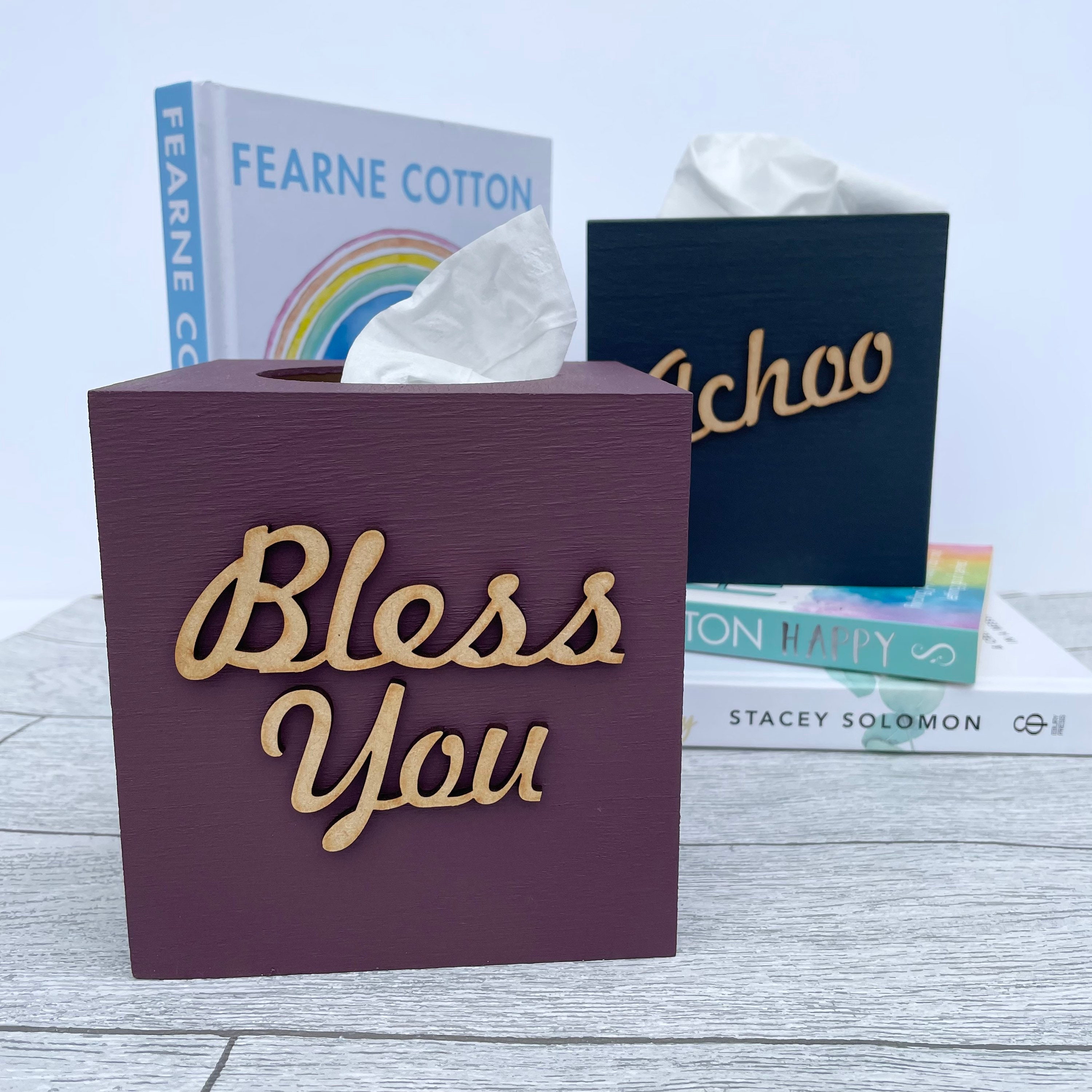 Handmade Burnt Beetroot Bless You Wooden Tissue Box Cover