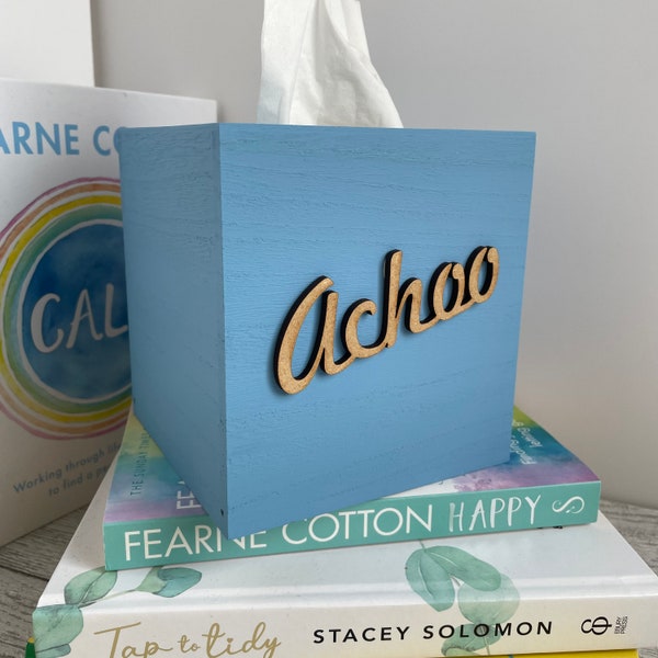 Handmade Cornwall Blue  "Achoo" Wooden Tissue Box Cover