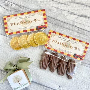 May include: An assortment of themed treats in clear bags. One bag contains gold-coloured coins, and another holds chocolate frog-shaped sweets. Each bag is labelled "London to Hogwarts Platform 9 3/4". A small gift box tied with a green ribbon is also visible.
