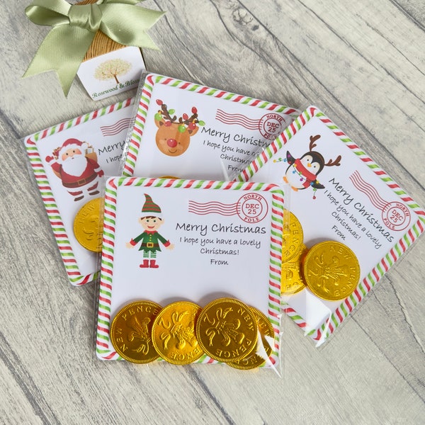 Personalised Christmas Chocolate Coin Cards for School Friends. Nursery and Playgroup Friends