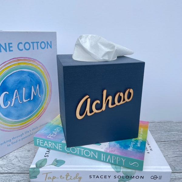 Handmade Dark Blue  "Achoo" Wooden Tissue Box Cover
