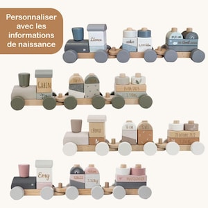 Peut inclure: Quatre trains jouets en bois aux palettes de couleurs variées, avec des blocs personnalisables affichant des informations de naissance comme les noms, dates, heures, poids et tailles. Les trains ont des roues et des blocs empilables.