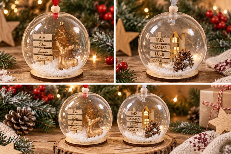 Peut inclure: Boules de No&euml;l transparentes contenant des panneaux en bois grav&eacute;s avec des pr&eacute;noms. L'une contient un cerf et un sapin dor&eacute;s, l'autre une petite maison et une pomme de pin, le tout pos&eacute; sur une base de neige artificielle.