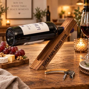Peut inclure: Un porte-bouteille de vin en bois foncé gravé avec le texte SUPER PAPA DEPUIS 1998, maintenant une bouteille de vin en verre à l'horizontale. Un tire-bouchon en métal avec un manche en bois est posé à côté, près d'un plateau de raisins et fromage.
