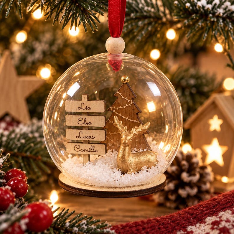 Peut inclure: Une boule de No&euml;l sph&eacute;rique en verre transparent contenant un sapin de No&euml;l miniature en bois, une figurine de renne dor&eacute;e et un panneau en bois avec les pr&eacute;noms L&eacute;a, Elsa, Lucas et Camille, le tout pos&eacute; sur de la neige artificielle.