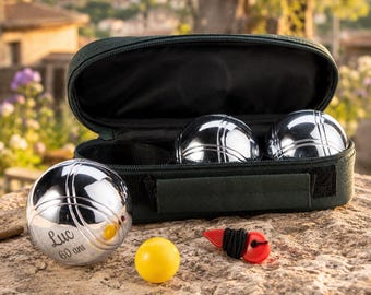 Set de pétanque personnalisé avec sacoche – 3 boules gravées, cochonnet et mesureur, cadeau homme apéro été