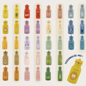 Peut inclure: Collection de gourdes en acier inoxydable colorées avec des illustrations d'animaux et des noms. Les bouteilles sont de différentes couleurs, dont le jaune, le rouge, le violet et le bleu. Chaque bouteille présente un design animalier différent, comme un lion, une abeille ou un éléphant.