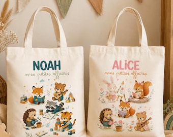 Sac en toile personnalisé enfant prénom, tote bag coton école crèche nounou, sac affaires enfant - Rentrée personnalisé - Animaux forêt