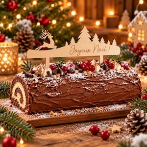 Peut inclure: Une bûche de Noël au chocolat garnie de tourbillons de crème blanche, de groseilles rouges et de copeaux de chocolat, avec un pic à gâteau en bois représentant un renne, des sapins et le texte Joyeux Noël, saupoudrée de sucre glace.