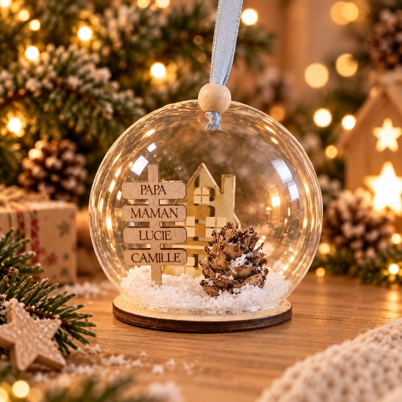 Peut inclure: Une boule de No&euml;l en verre transparent contenant un panneau en bois grav&eacute; avec les noms PAPA, MAMAN, LUCIE et CAMILLE. &Agrave; l'int&eacute;rieur, une silhouette de maison en bois et une pomme de pin reposent sur de la neige artificielle blanche.