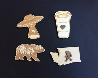 PNW magnet set | Washington State fridge magnet | Laser cut refrigerator magnets | UFO | Coffee | Bear | Bigfoot magnet set