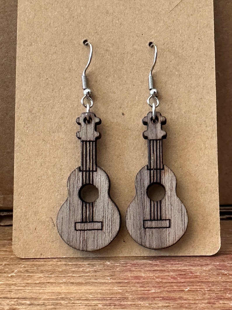 Natural wood Ukulele Wood dangle earrings walnut finish gift for her gift for teen gift for musician image 3
