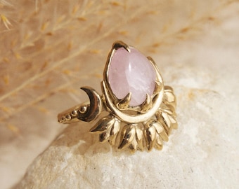 SRII SEDANA • Handmade Brass Tulip Moon Ring • Pink Kunzite Boho Jewelry