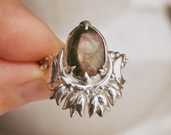 SRII SEDANA • Handmade Sterling Silver Tulip Ring • Watermelon Tourmaline, Boho Goddess