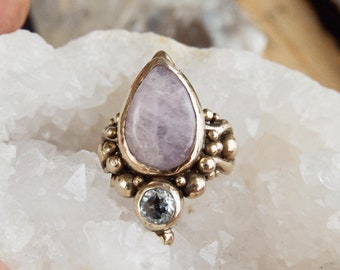 KORE • Handmade Greek Goddess Inspired Brass Ring with Kunzite and Prasiolite • Artisan Boho Ring • Sculptural Organic Jewelry