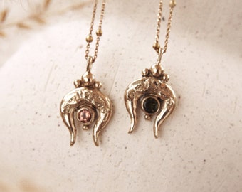Brass Rustic Moon Horn Pendant with Tourmaline • Rustic Raw Necklace • Ancient Boho Goddess Charm