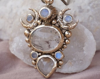 HECATE'S GATEWAY • Handcrafted Triple Moon Goddess Brass Pendant with Lodolite Quartz, Moonstone • Raw Witchy Jewelry •  Boho Jewelry