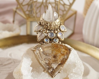 SELENE'S ILLUMINATION • Handcrafted Triple Moon Goddess Brass Pendant with Lodolite Quartz, Moonstone • Raw Witchy Jewelry •  Boho Jewelry