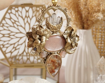 SELENE's PARADISE • Handcrafted Floral Brass Pendant with Lodolite, Labradorite, Quartz, Moonstone • Boho Goddess Witch Jewelry Talisman