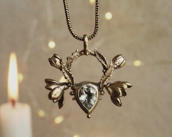 ANAHITA • Handcrafted Brass Magnolia Flower Pendant • Prasiolite Crystal, Botanical Jewelry