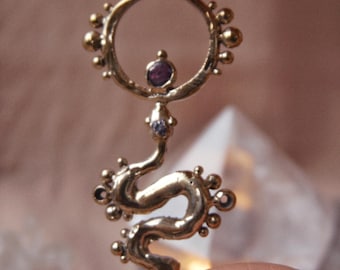 COSMIC SERPENT • Handcrafted Brass Snake Pendant • Ruby Snake Jewelry