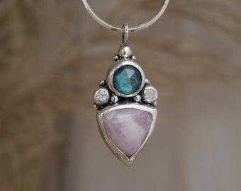 KORE • Handcrafted Silver Pendant with Pink Kunzite and Moonstone • Raw, Rustic Jewelry • Boho Jewelry